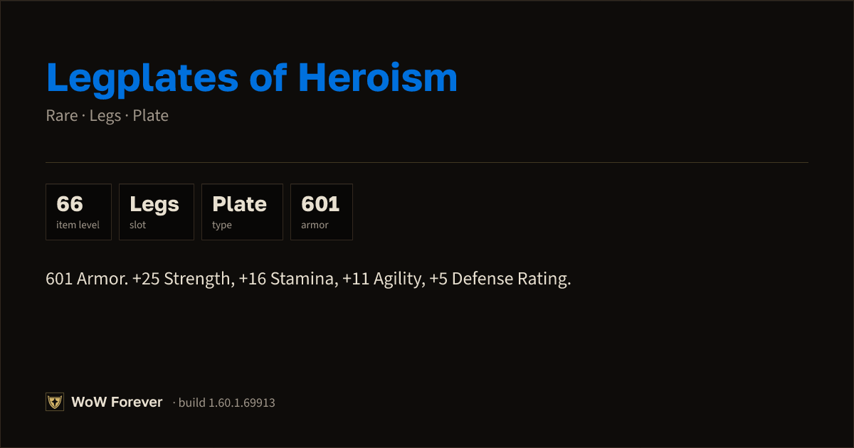 The preview card for Legplates of Heroism - Rare Plate Legs