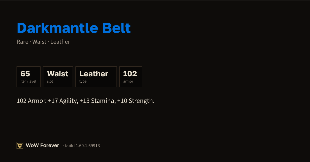 The preview card for Darkmantle Belt - Rare Leather Waist, Item Level 65