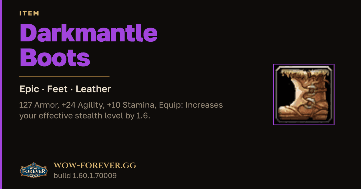 The preview card for Darkmantle Boots - Epic Leather Feet, Item Level 60