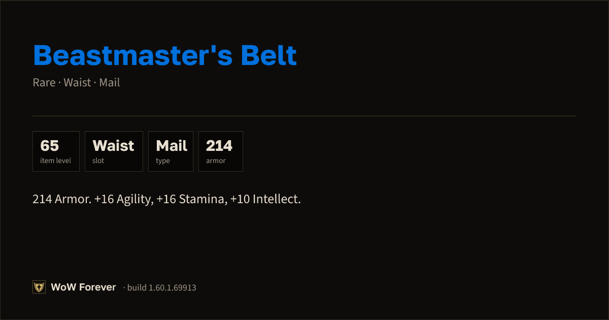 The preview card for Beastmaster's Belt - Rare Mail Waist, Item Level 65