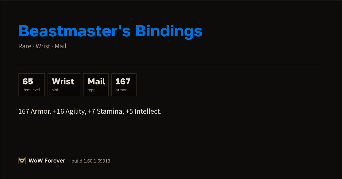 The preview card for Beastmaster's Bindings - Rare Mail Wrist