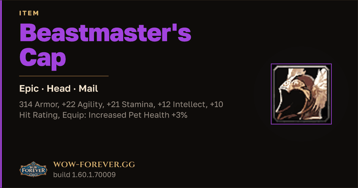 The preview card for Beastmaster's Cap - Epic Mail Head, Item Level 60