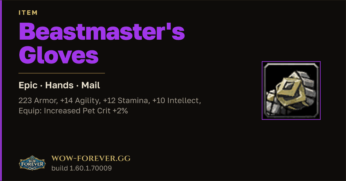 The preview card for Beastmaster's Gloves - Epic Mail Hands
