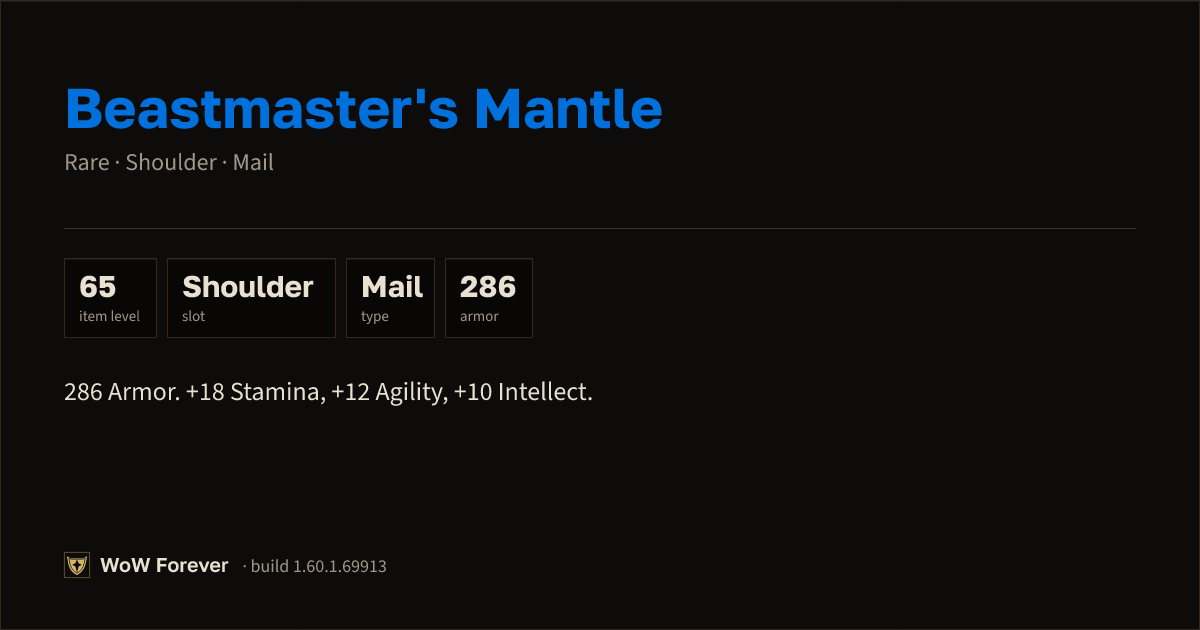 The preview card for Beastmaster's Mantle - Rare Mail Shoulder