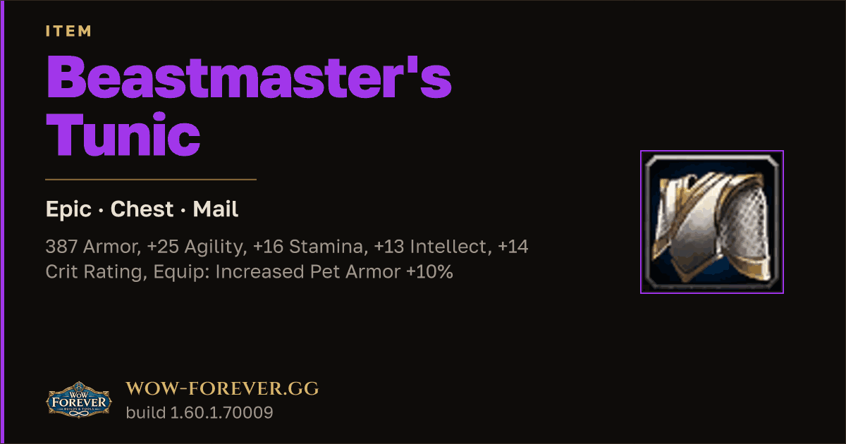 The preview card for Beastmaster's Tunic - Epic Mail Chest
