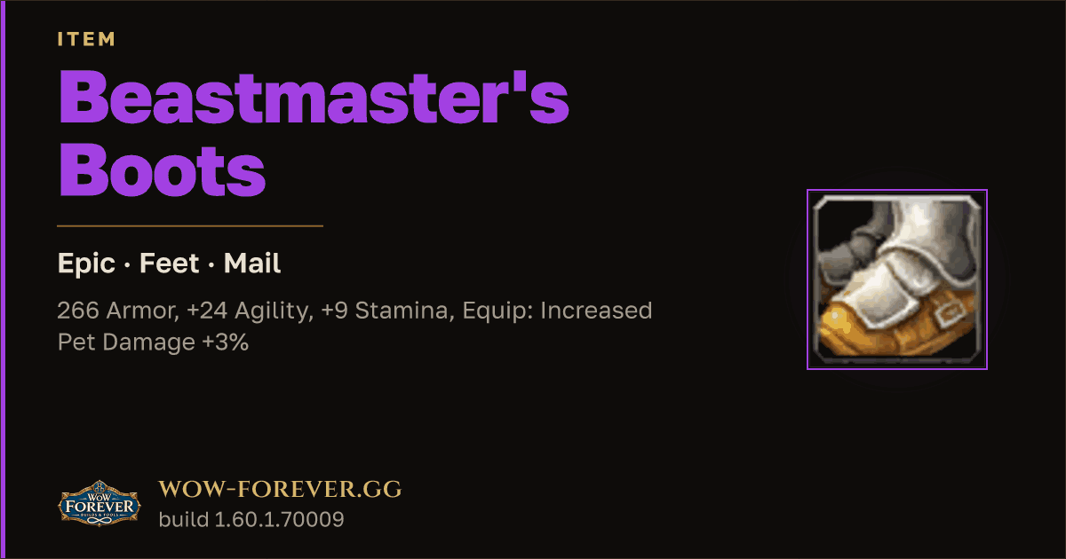 The preview card for Beastmaster's Boots - Epic Mail Feet, Item Level 60
