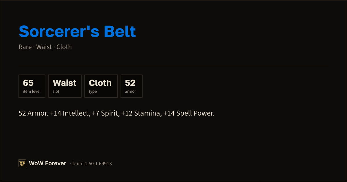 The preview card for Sorcerer's Belt - Rare Cloth Waist, Item Level 65