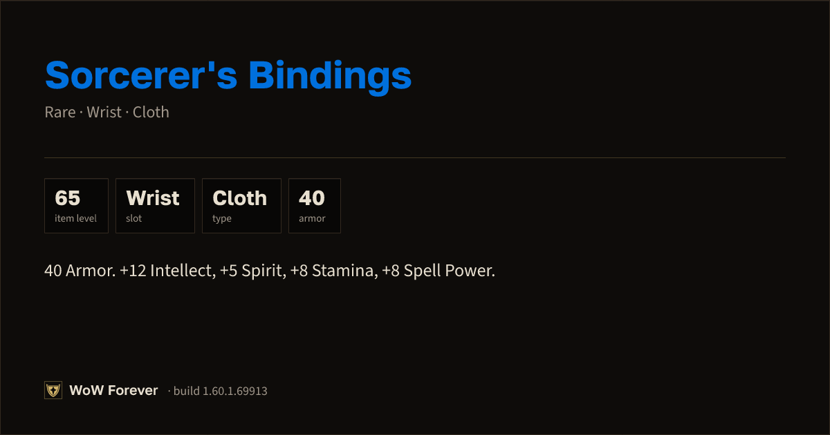 The preview card for Sorcerer's Bindings - Rare Cloth Wrist