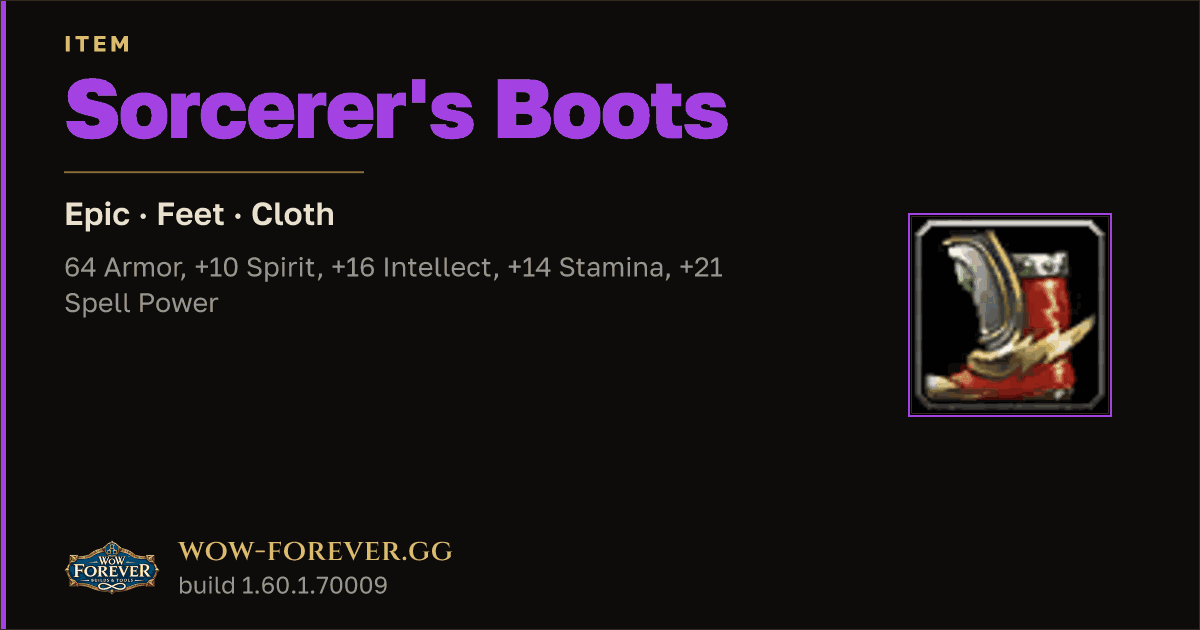 The preview card for Sorcerer's Boots - Epic Cloth Feet, Item Level 60