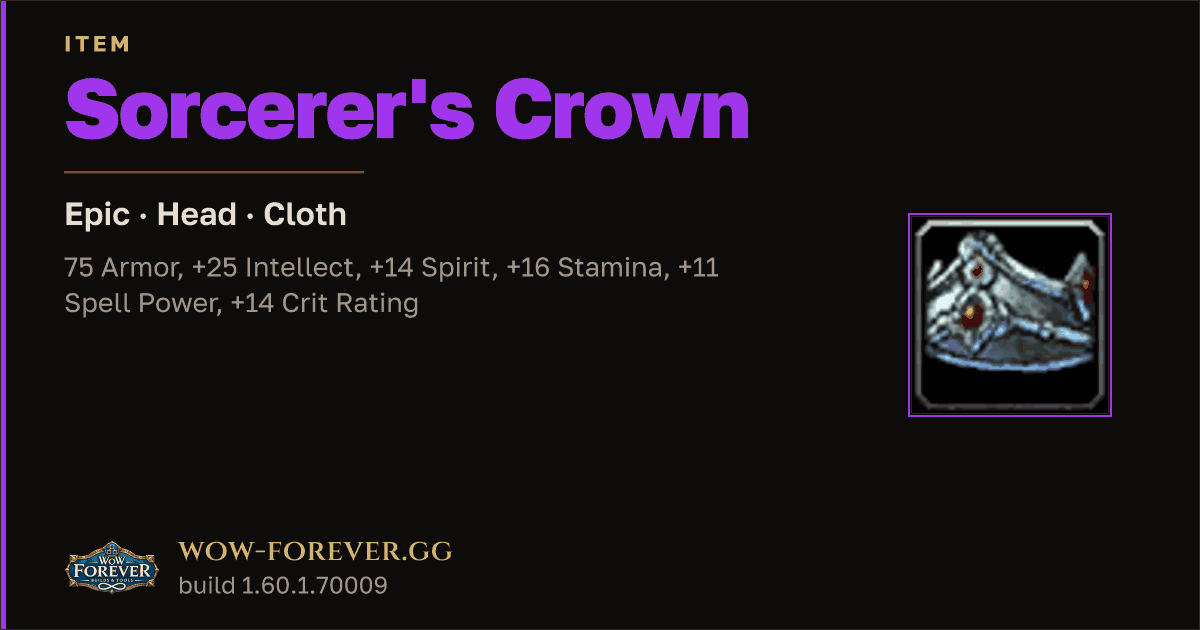 The preview card for Sorcerer's Crown - Epic Cloth Head, Item Level 60