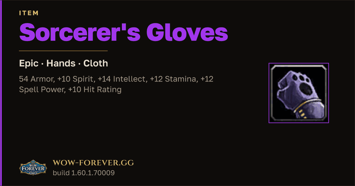 The preview card for Sorcerer's Gloves - Epic Cloth Hands, Item Level 55