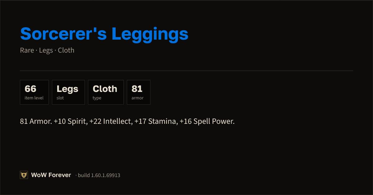 The preview card for Sorcerer's Leggings - Rare Cloth Legs
