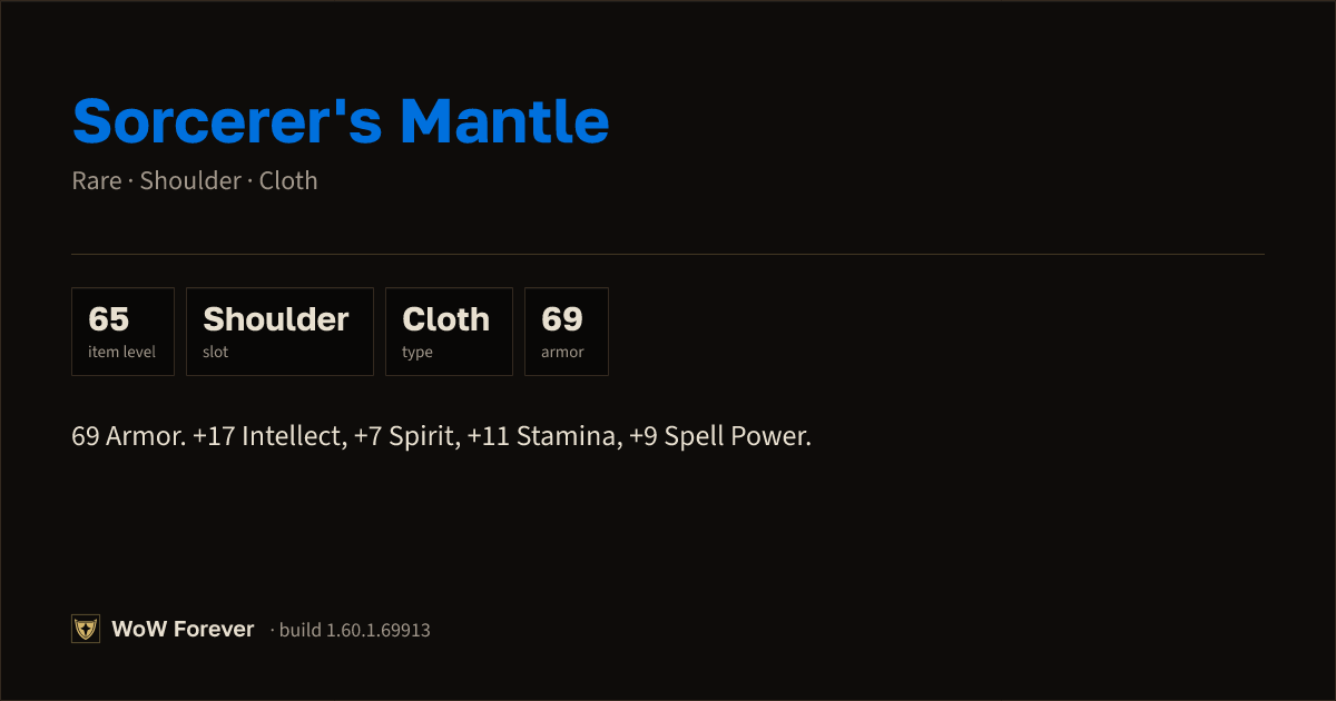 The preview card for Sorcerer's Mantle - Rare Cloth Shoulder