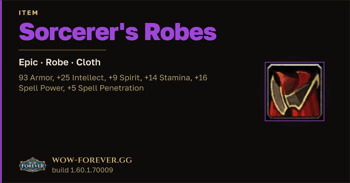 The preview card for Sorcerer's Robes - Epic Cloth Robe, Item Level 60