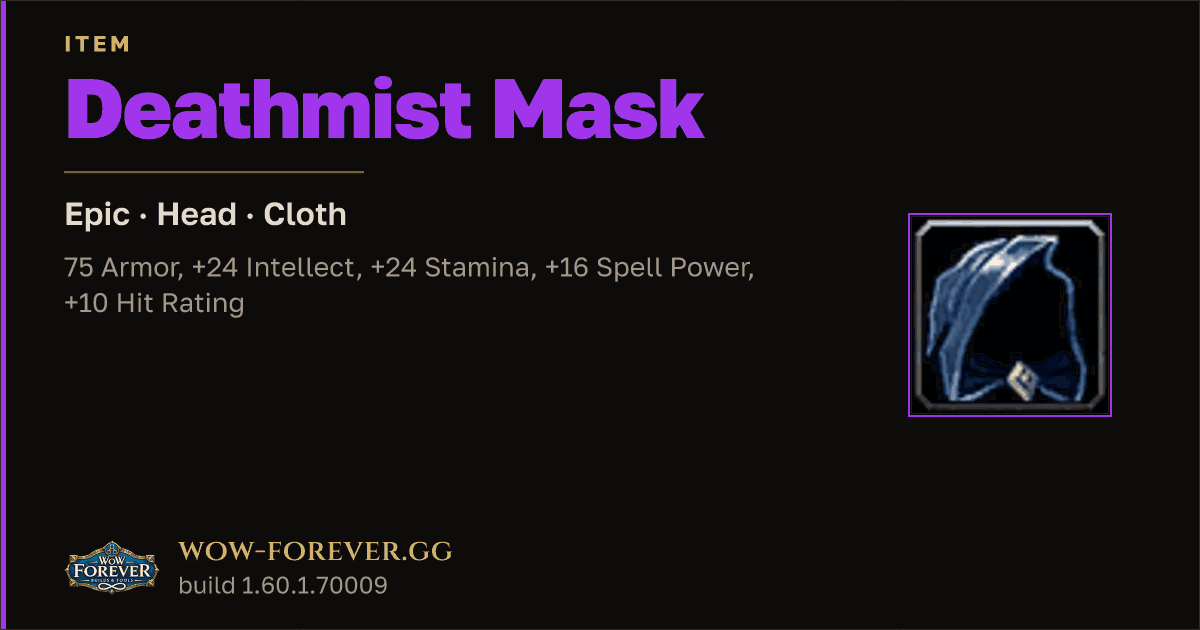 The preview card for Deathmist Mask - Epic Cloth Head, Item Level 60