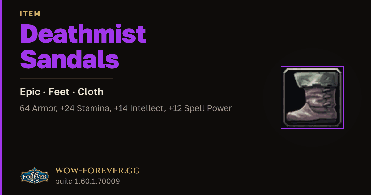 The preview card for Deathmist Sandals - Epic Cloth Feet, Item Level 60