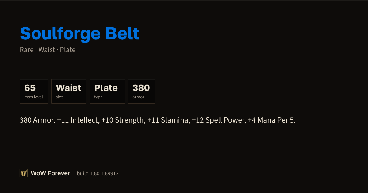 The preview card for Soulforge Belt - Rare Plate Waist, Item Level 65