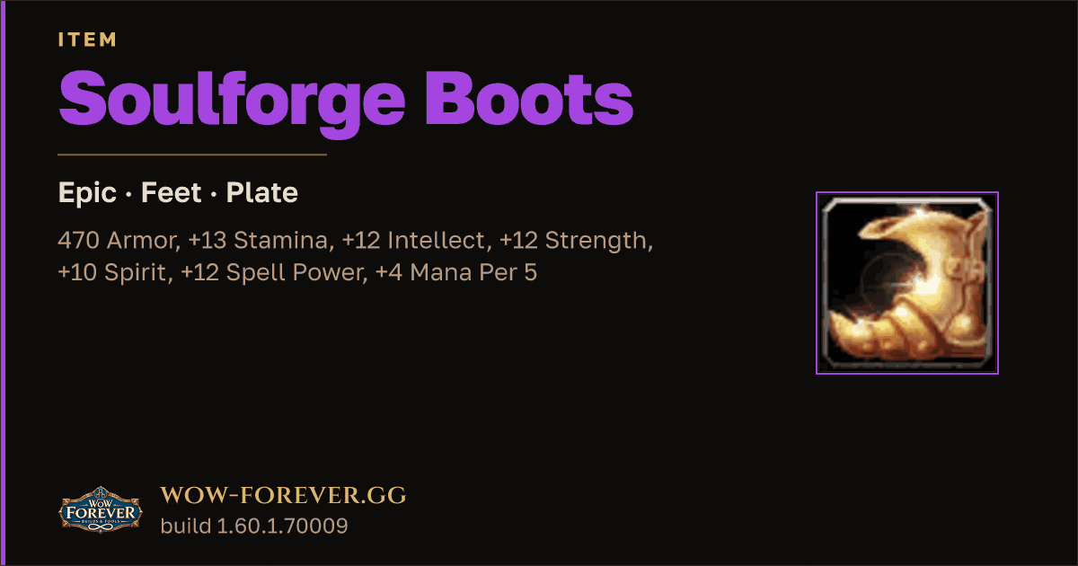 The preview card for Soulforge Boots - Epic Plate Feet, Item Level 60