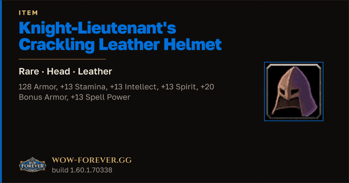 The preview card for Knight-Lieutenant's Crackling Leather Helmet