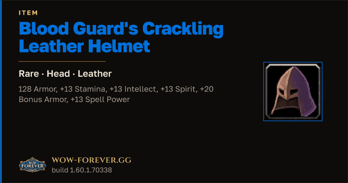 The preview card for Blood Guard's Crackling Leather Helmet