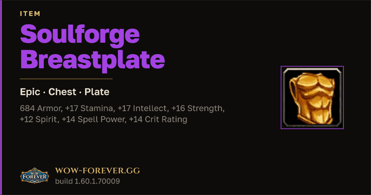 The preview card for Soulforge Breastplate - Epic Plate Chest
