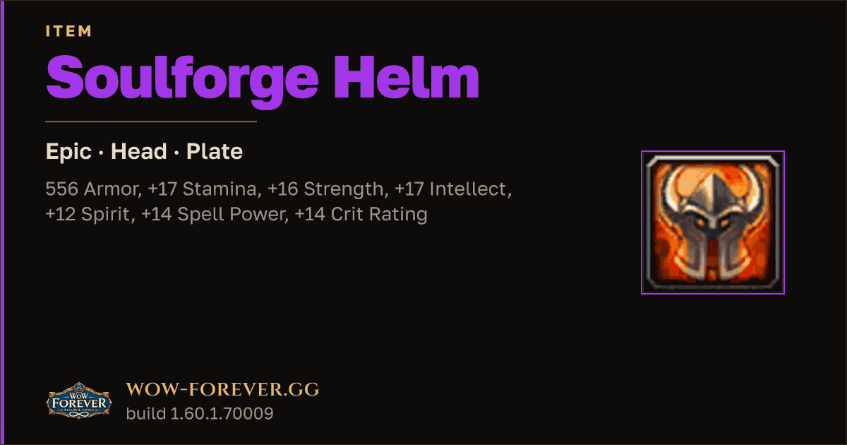 The preview card for Soulforge Helm - Epic Plate Head, Item Level 60