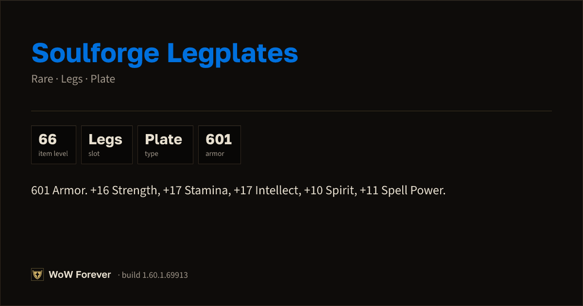 The preview card for Soulforge Legplates - Rare Plate Legs