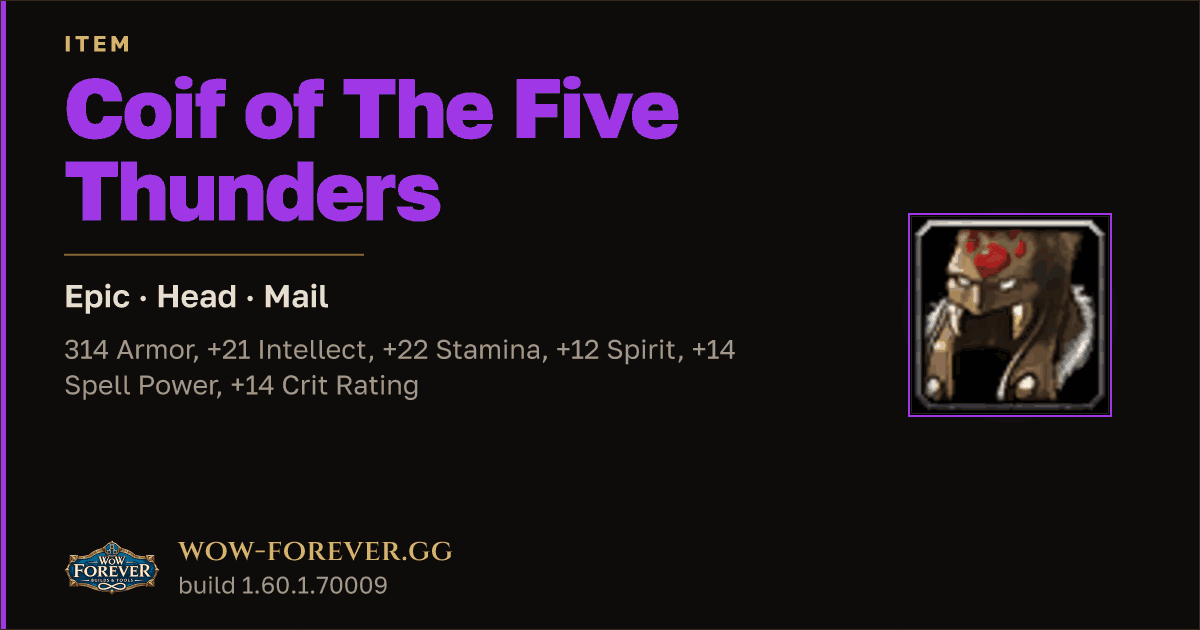 The preview card for Coif of The Five Thunders - Epic Mail Head
