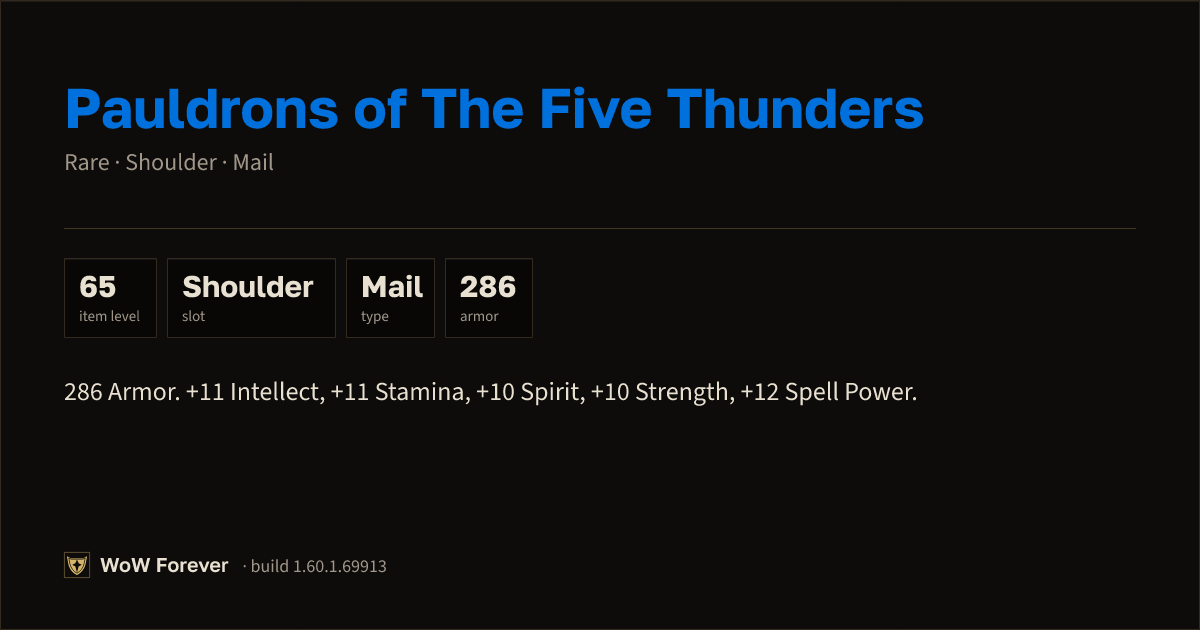 The preview card for Pauldrons of The Five Thunders - Rare Mail Shoulder