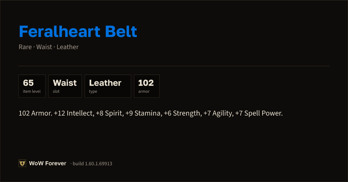 The preview card for Feralheart Belt - Rare Leather Waist, Item Level 65