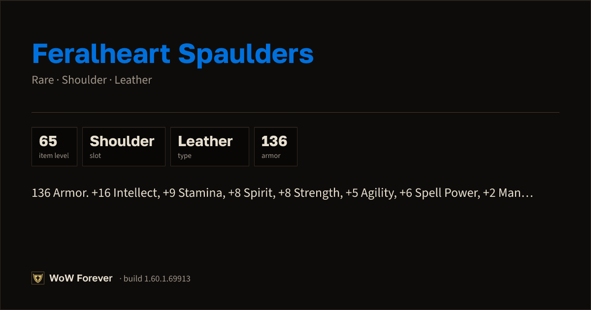 The preview card for Feralheart Spaulders - Rare Leather Shoulder