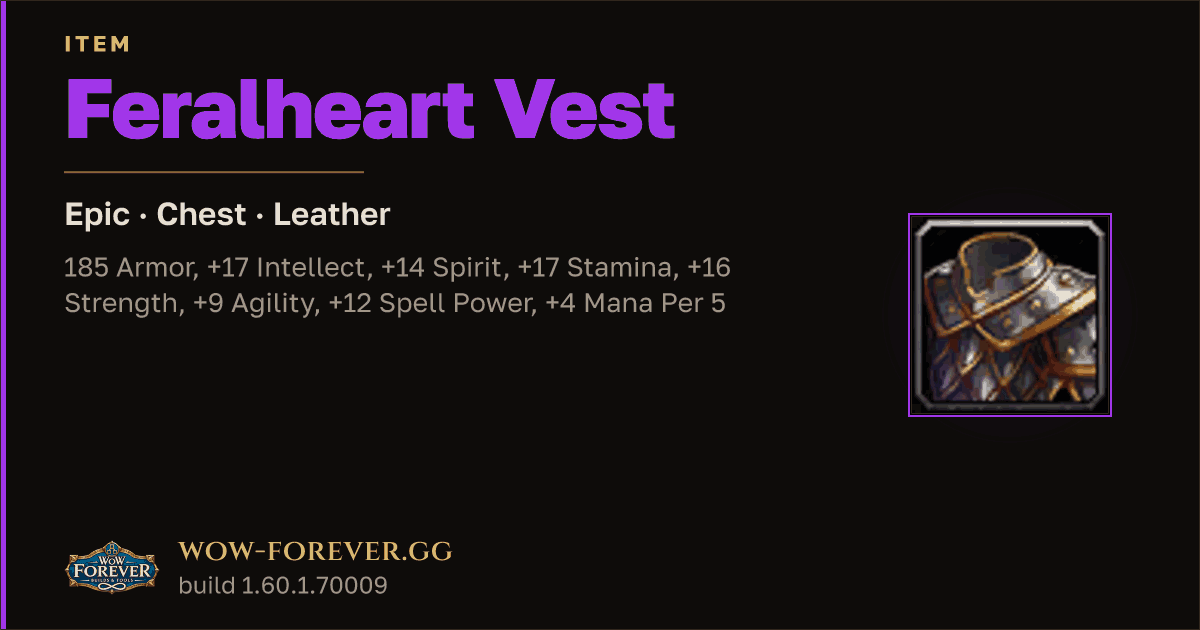 The preview card for Feralheart Vest - Epic Leather Chest, Item Level 60