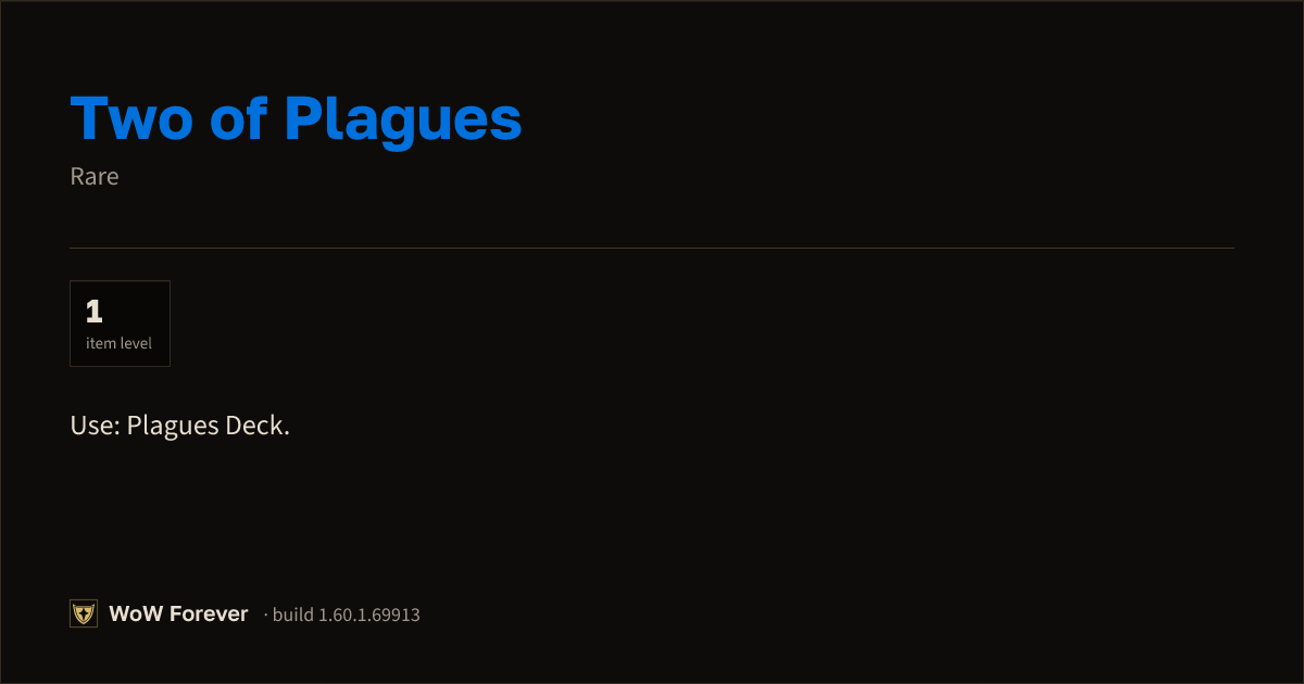 The preview card for Two of Plagues - Rare Item, Item Level 1