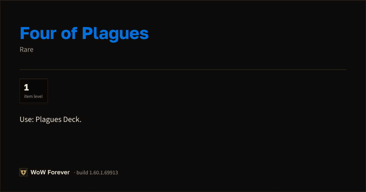 The preview card for Four of Plagues - Rare Item, Item Level 1