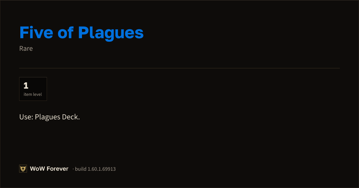 The preview card for Five of Plagues - Rare Item, Item Level 1