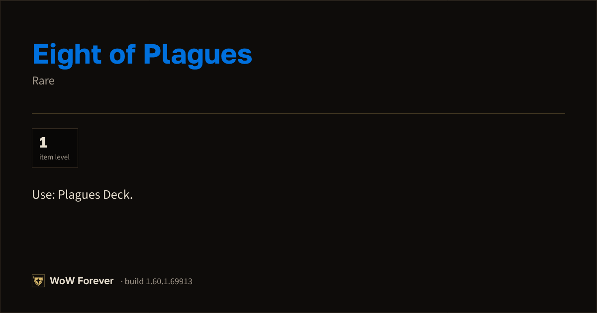 The preview card for Eight of Plagues - Rare Item, Item Level 1