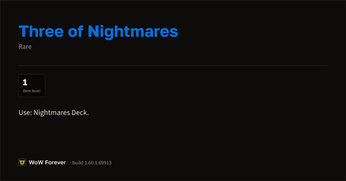 The preview card for Three of Nightmares - Rare Item, Item Level 1