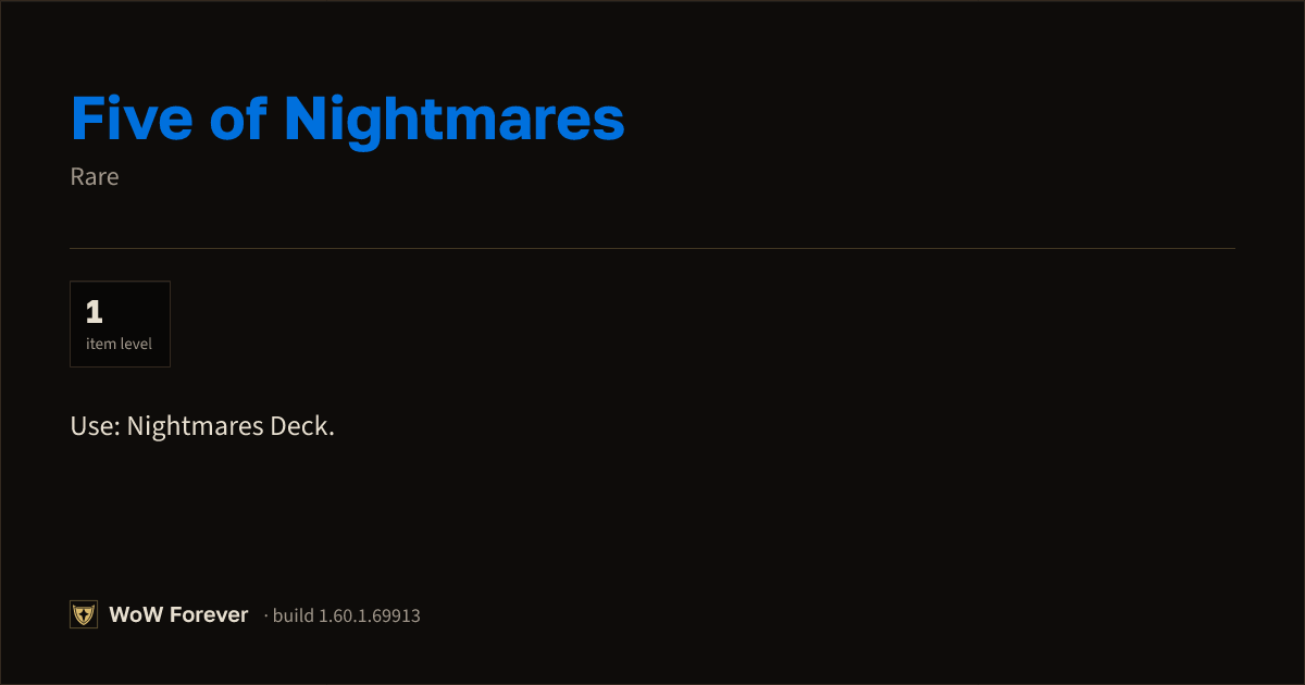 The preview card for Five of Nightmares - Rare Item, Item Level 1