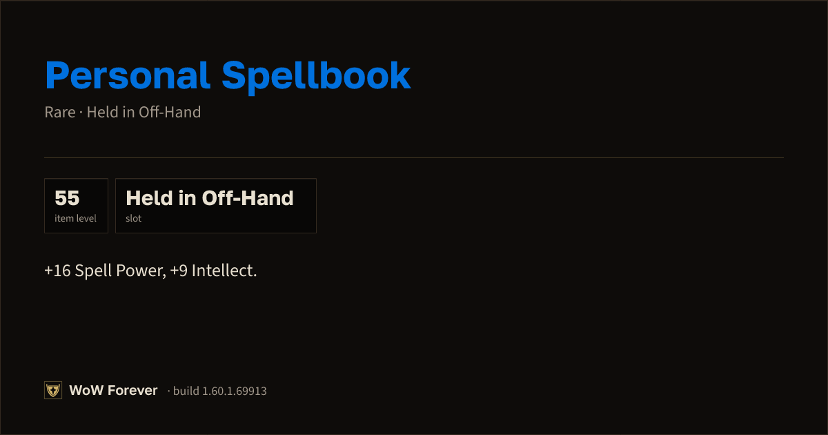 The preview card for Personal Spellbook - Rare Off-Hand Item