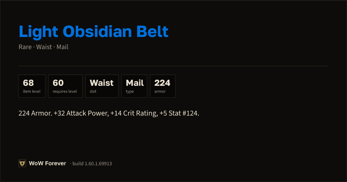 The preview card for Light Obsidian Belt - Rare Mail Waist