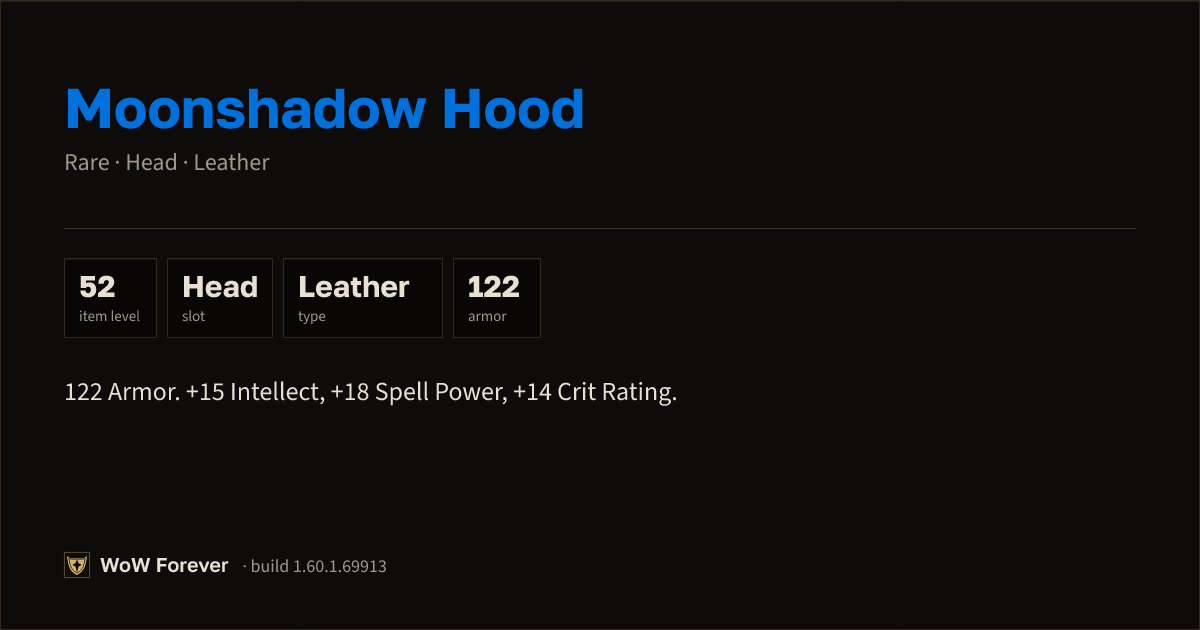 The preview card for Moonshadow Hood - Rare Leather Head, Item Level 52