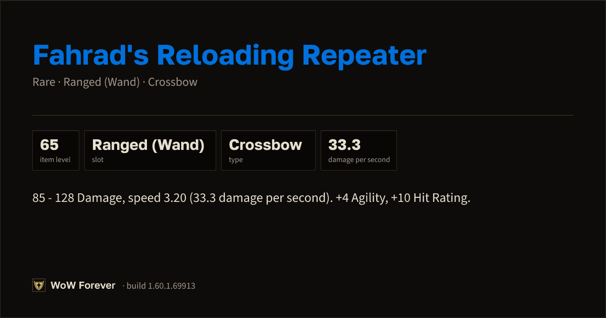 The preview card for Fahrad's Reloading Repeater - Rare Crossbow