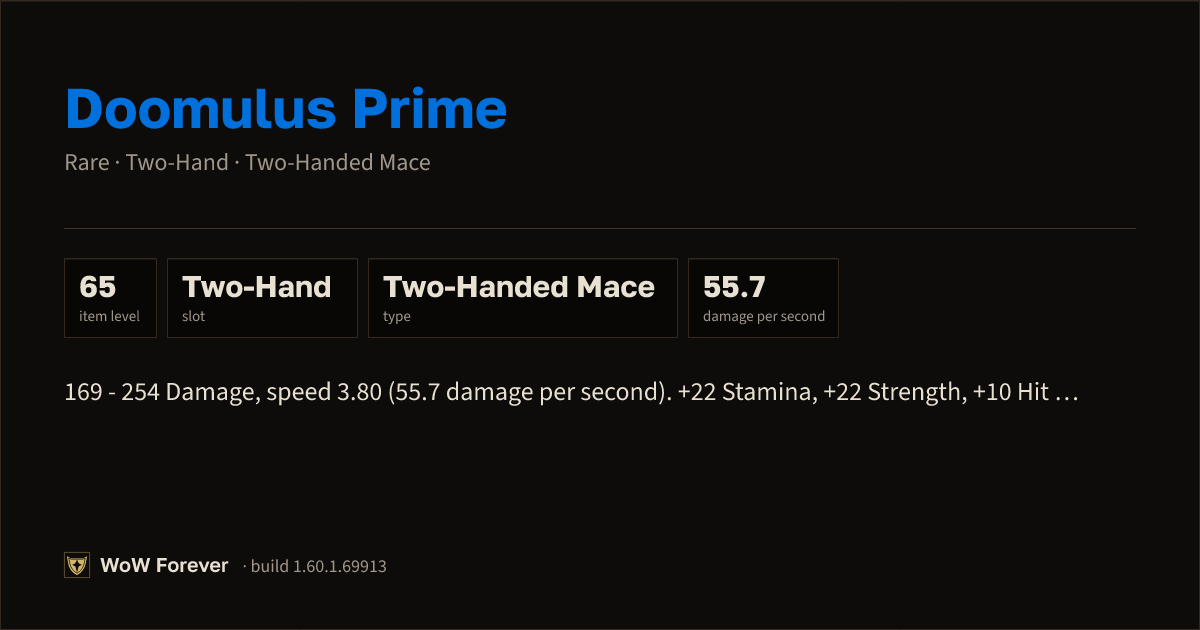 The preview card for Doomulus Prime - Rare Two-Hand Mace, Item Level 65