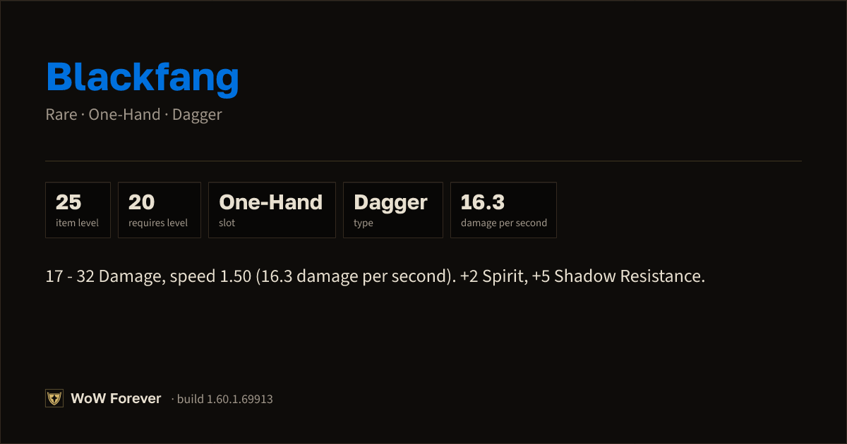 The preview card for Blackfang - Rare One-Hand Dagger, Item Level 25