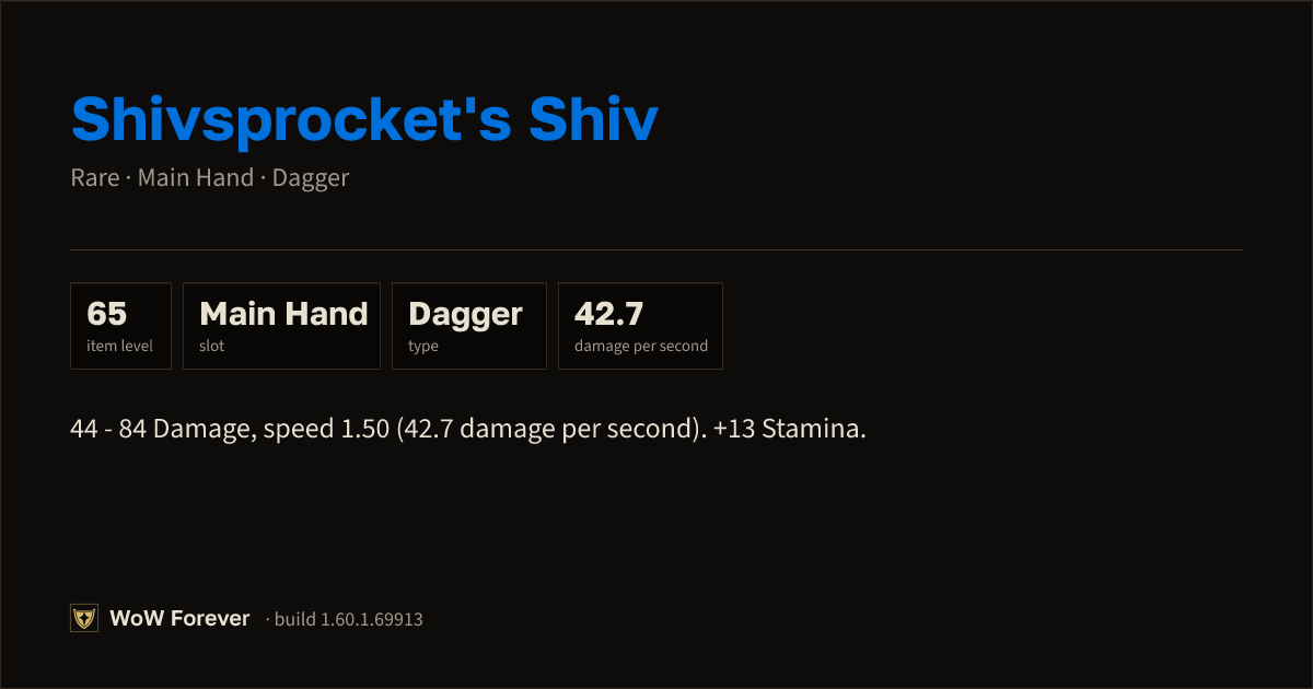 The preview card for Shivsprocket's Shiv - Rare Main-Hand Dagger