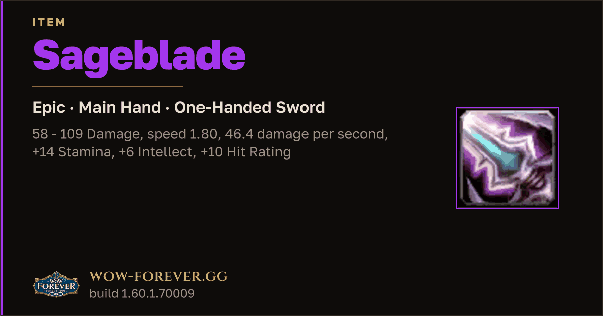 The preview card for Sageblade - Epic Main-Hand Sword, Item Level 64