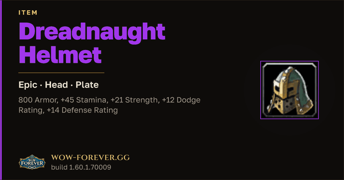 The preview card for Dreadnaught Helmet - Epic Plate Head, Item Level 88