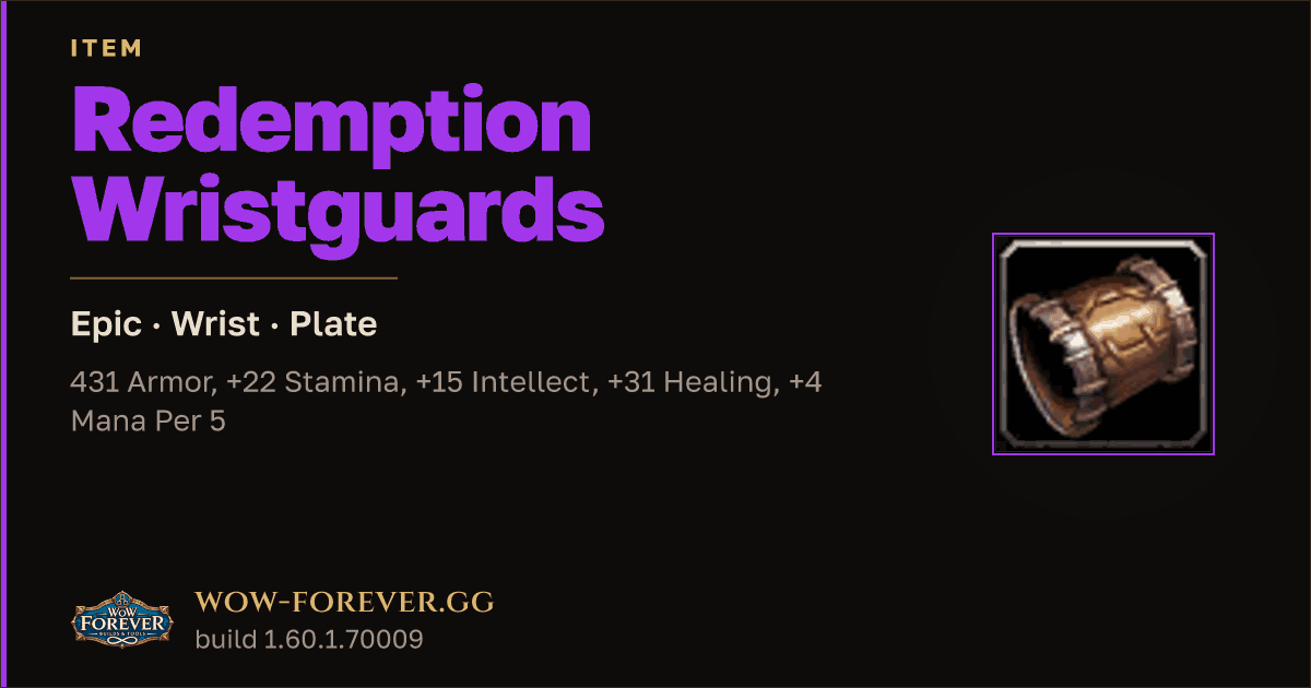 The preview card for Redemption Wristguards - Epic Plate Wrist