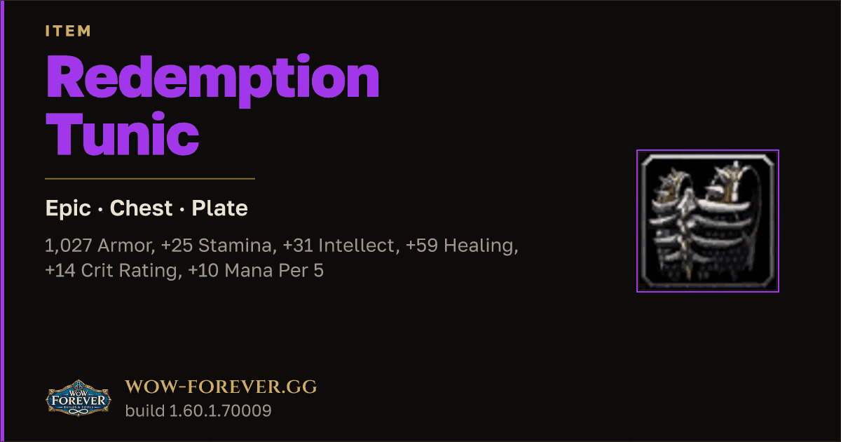 The preview card for Redemption Tunic - Epic Plate Chest, Item Level 92
