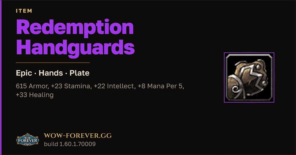 The preview card for Redemption Handguards - Epic Plate Hands